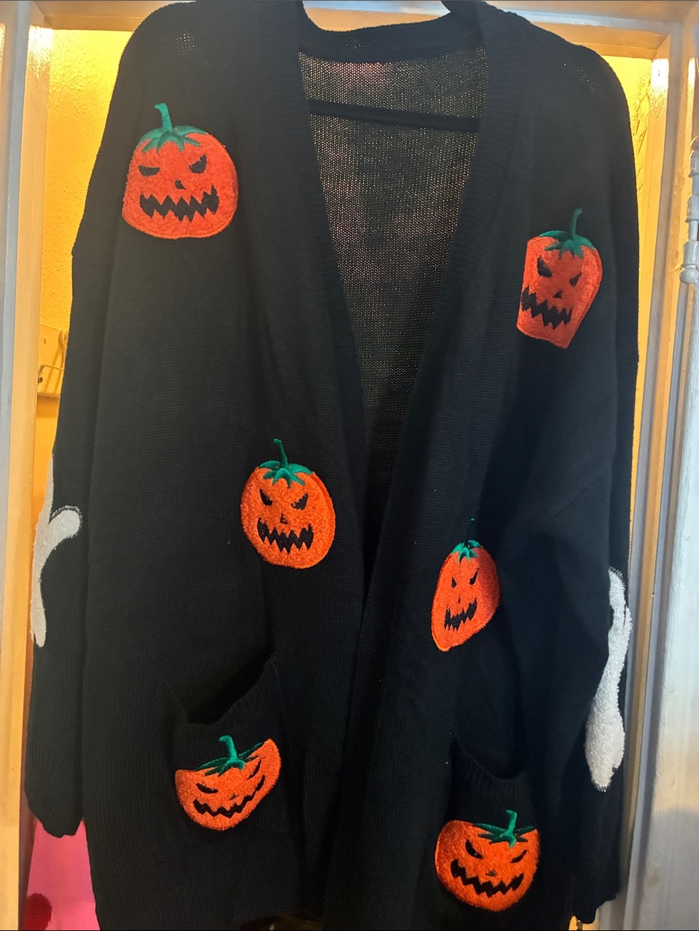 BloomChic Black Pumpkin Patch Cardigan with Orange Appliqués